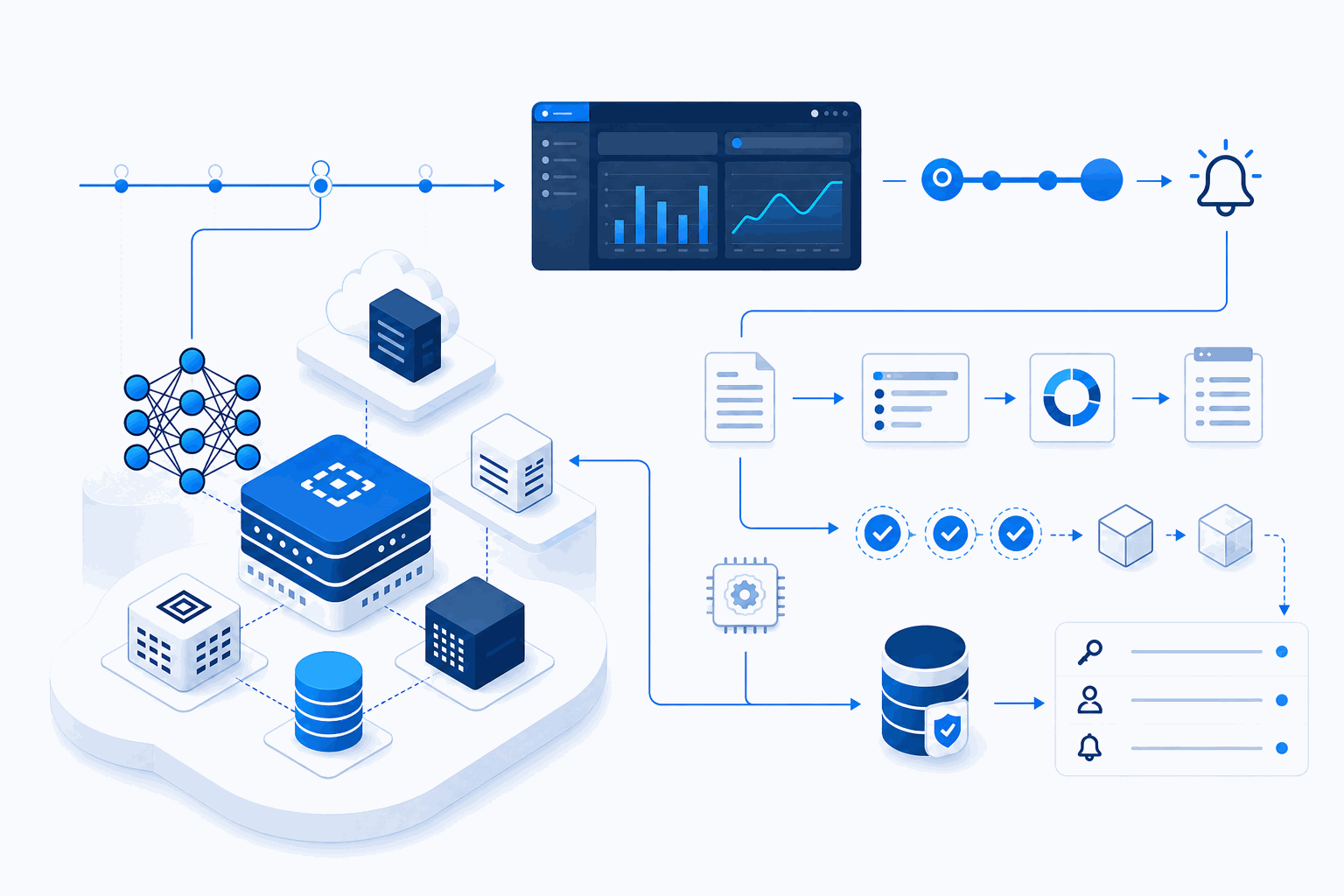 Isometric diagram of a Harwell data & AI platform — data, models and agents on cloud, with monitoring, delivery pipeline and governance